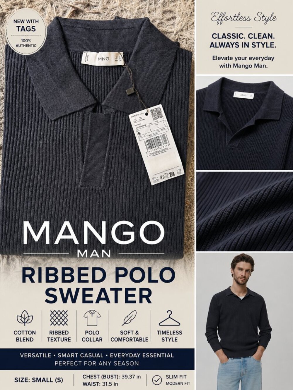 NWT Mango Man Ribbed Polo Sweater | Cotton Blend | Navy | Size Small